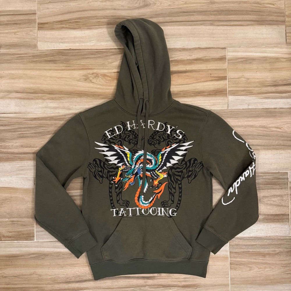 Ed Hardy Tattooing Dragon Hoodie Olive Green Mens‎ Small Pullover Sweatshirt